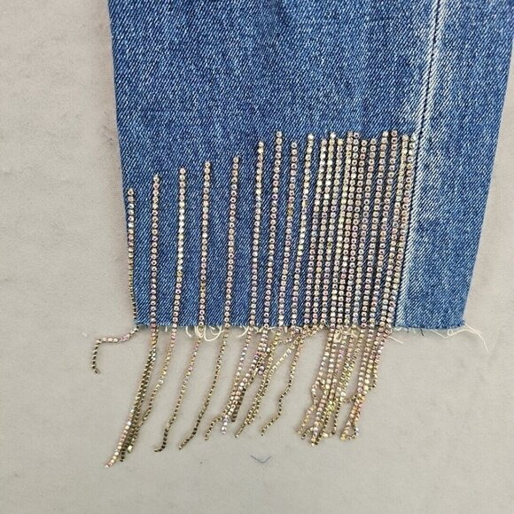 Custom Levi's Womens 33 Blue Distressed Front & Back Rhinestone Fringe Festival - Picture 2 of 16